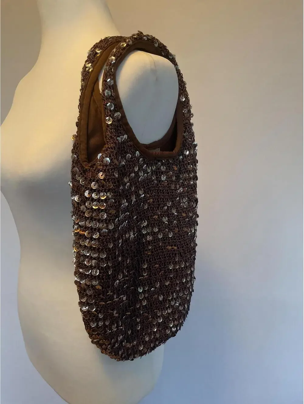 Y2K Brown Bronze Sequin Slouchy Hobo Shoulder Bag Purse Metallic Copper